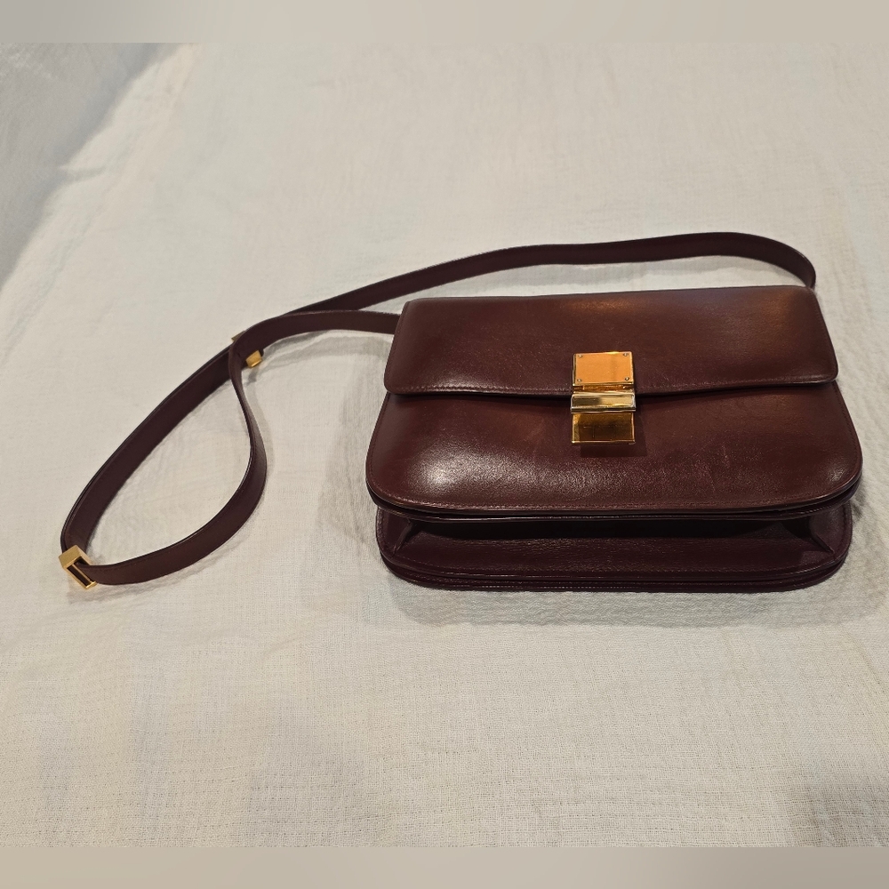 Celine Classic Box Leather Medium Bag Flap Purse Teen Triomphe Burgandy Brown - Picture 2 of 16